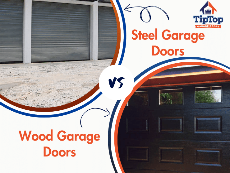 A comparison image showcasing the beauty of wood and the durability of steel garage doors.